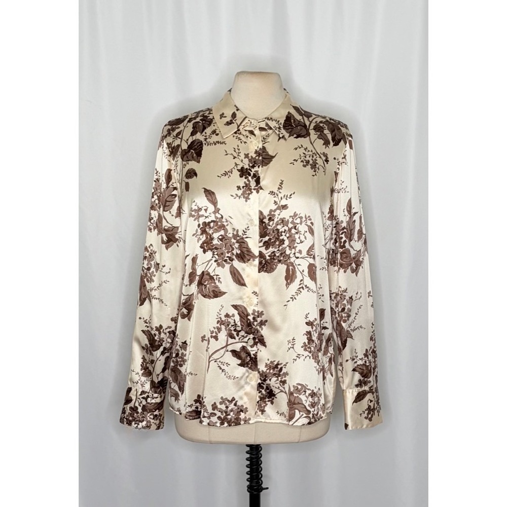 REFORMATION Silk Floral Print Blouse Top Buttondown Cream Brown Chic Large - Picture 3 of 16